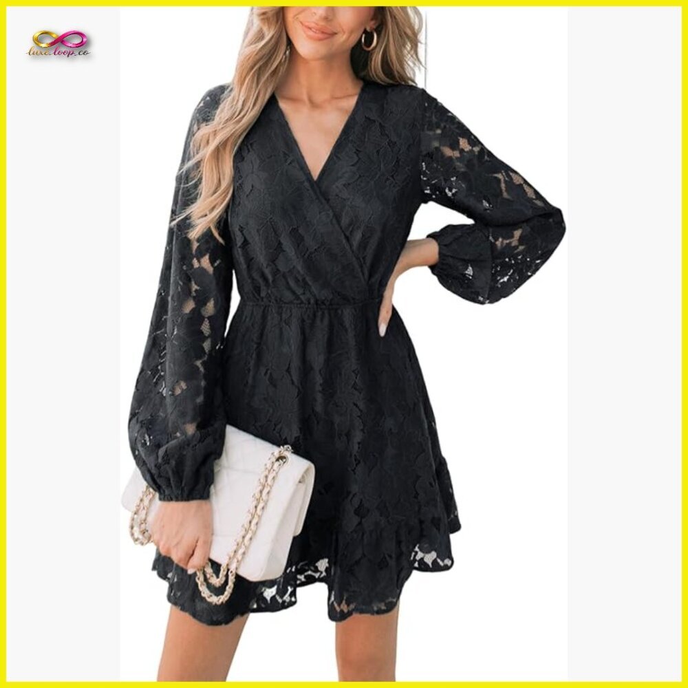 Elegant V-Neck Lace Peasant Sleeve Mini Dress Elastic High Waist A-Line